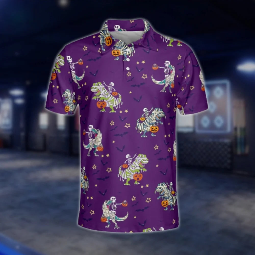 Dinosaur Skeleton Purple Mens Golf Polo Shirt, Halloween Golf Shirt For Men GOF0162