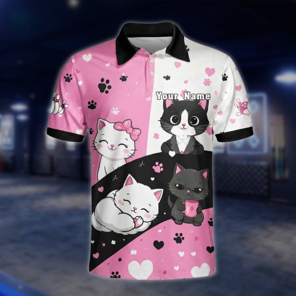 Personalized Cute Cate Bowling Polo Shirt Men, Pink White Custom Cat Bowling Shirt For Team BZ0853 BOW0095
