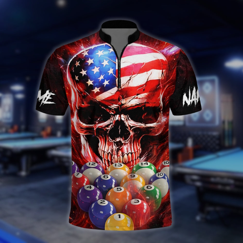 Custom American Flag Skull Billiard Men Jersey, Custom Patriotic Skull Billiard Team Shirts BLD0086