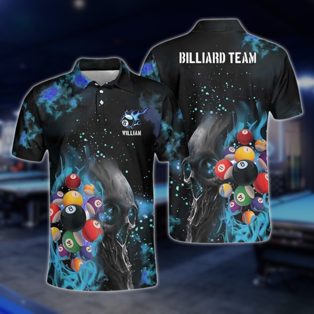 Custom Flame Skull Billiard Polo Shirt For Men, Custom Skull Billiard Team Shirts BLD0281