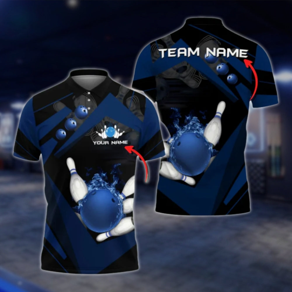 Custom Team Flame Ball Bowling Polo Shirt For Mens, Blue Black Custom Bowling Team Shirts BO0375 BOW0400