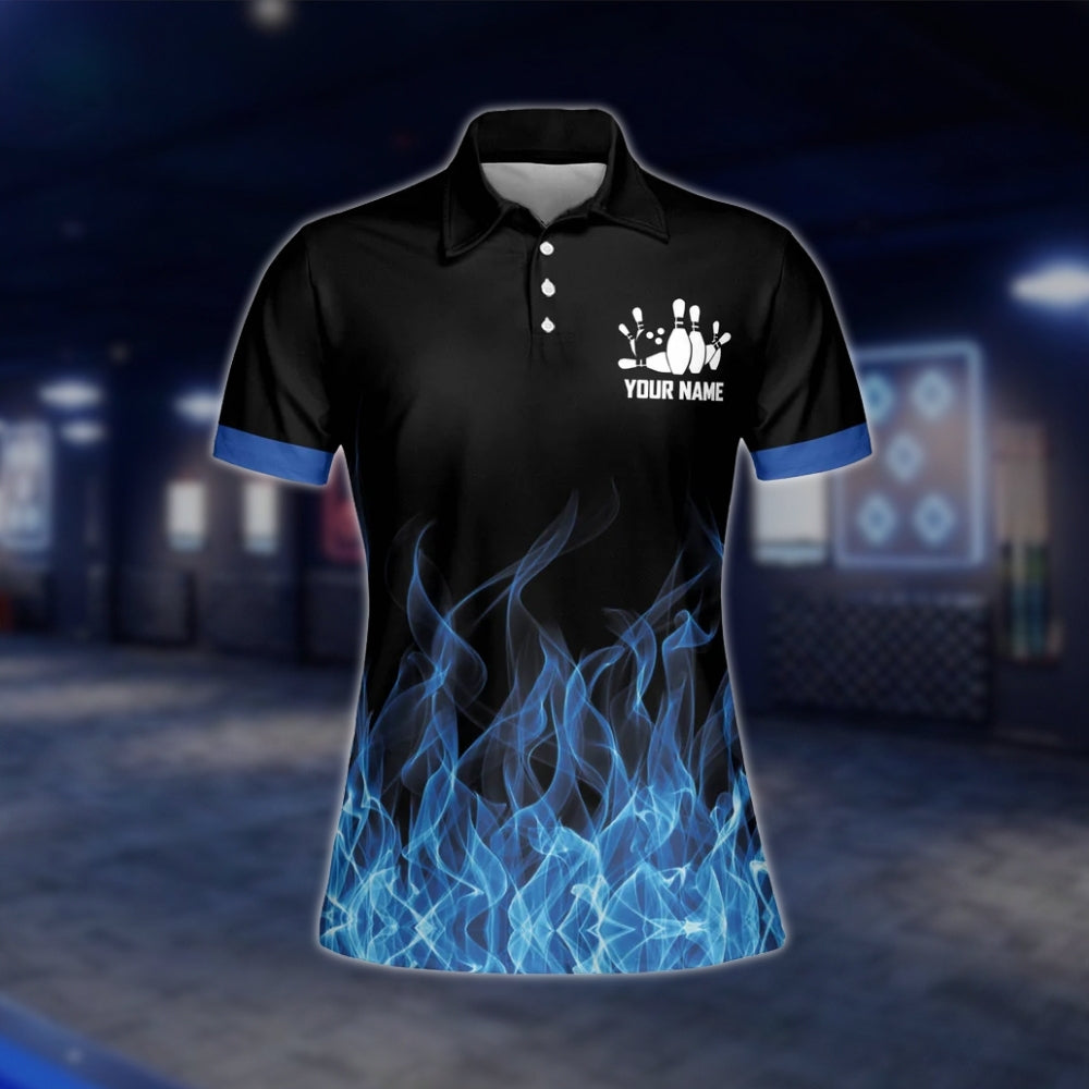 Blue Flame Custom Womens Bowling Polo Shirt, Custom Flame Bowling Team Shirts For Ladies BW0153 BOW0216