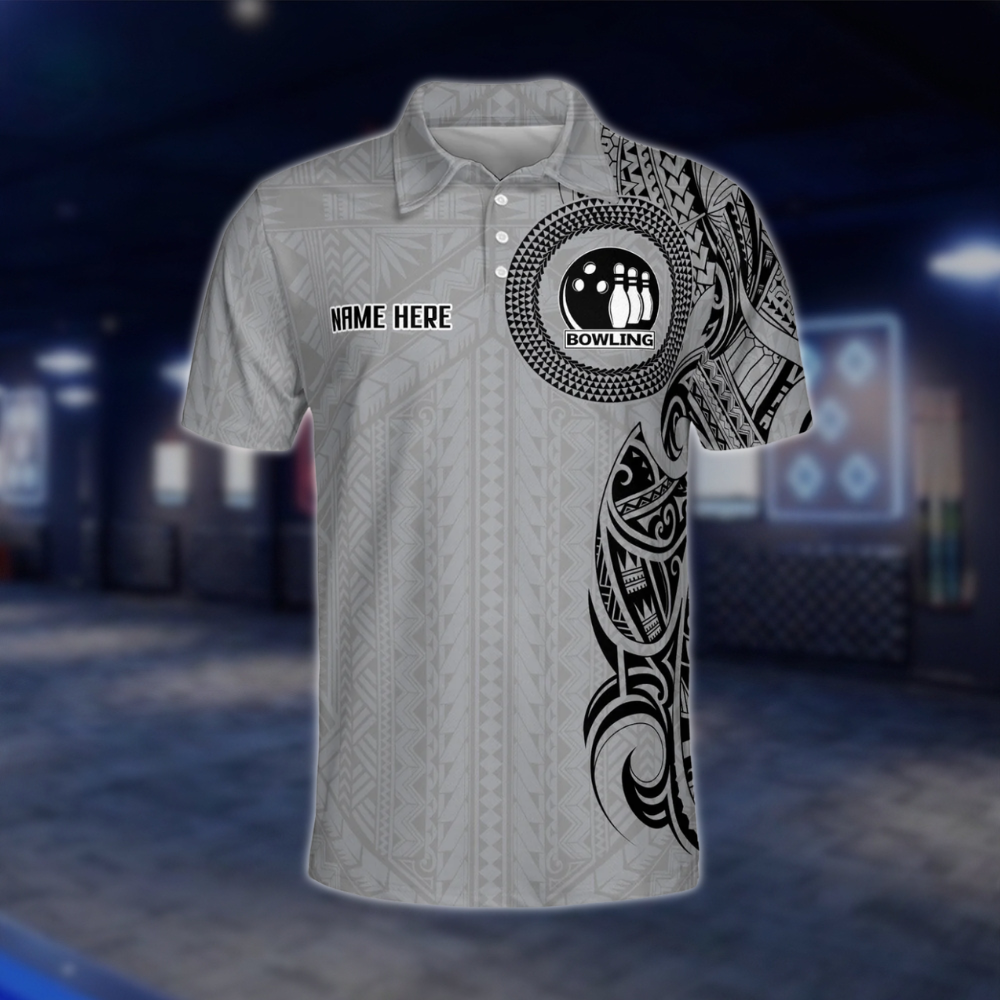 Custom Tribal Grey Black Bowling Mens Polo Shirt, Custom Tribal Bowling Team Shirts BZ0205 BOW0277