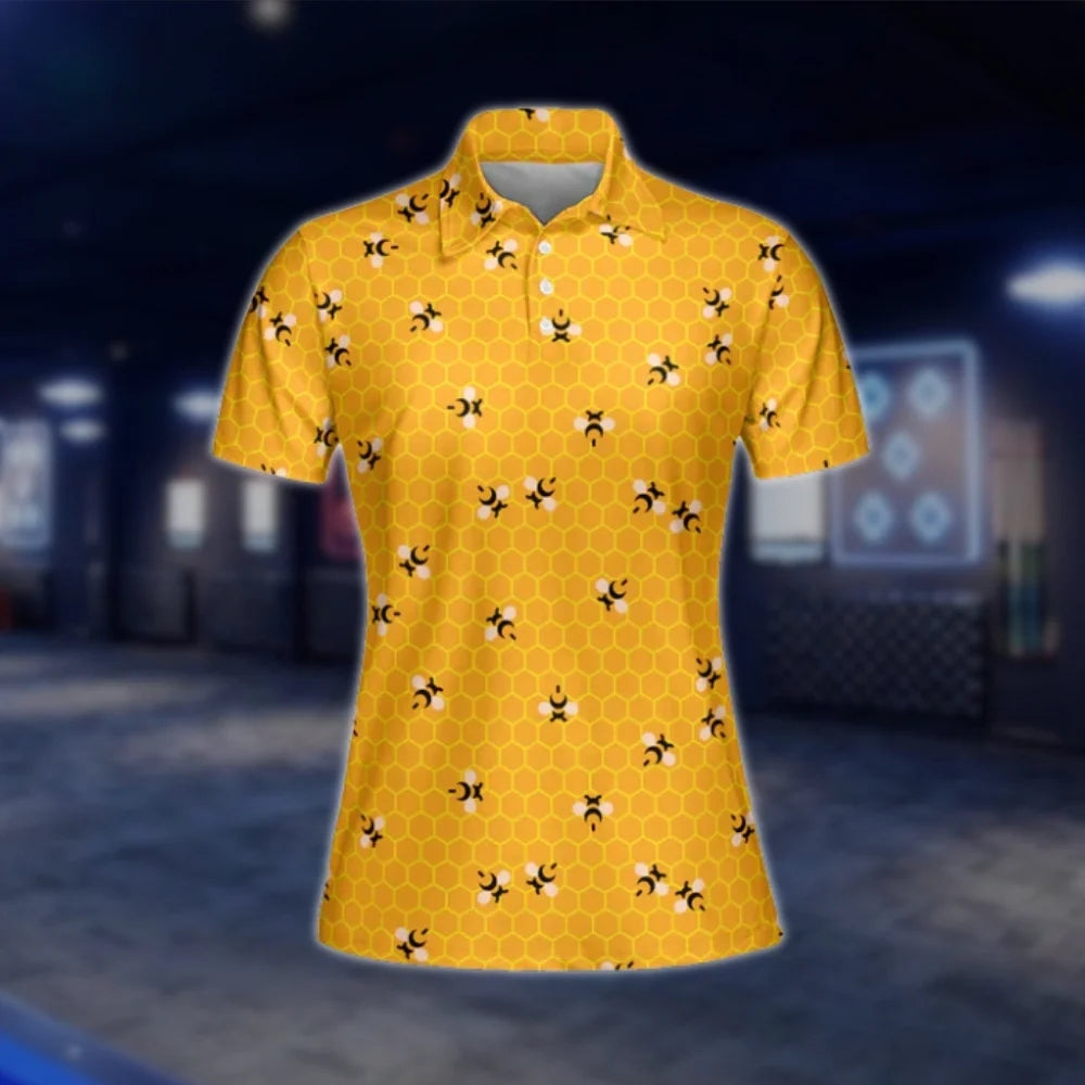 Bee Honeycomb Women's Yellow Golf Polo Shirts, Womens Bee Golf Shirts GOF0275