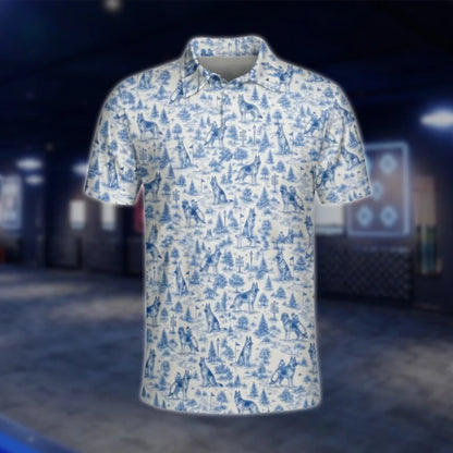 German Shepherd Vintage Mens Polo Shirt Blue White, German Shepherd Dog Golf Shirt Toile De Jouy GOF0033