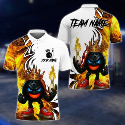 King Balll Fire Custom Mens Bowling Polo Shirt, Custom Flame Bowling Team Shirts BE0128 BOW0436