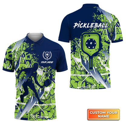 Pickleball - Scritch Man Green Blue Personalized Name 3D Polo Shirt QB95 Gift For Pickleball Player PKL0091