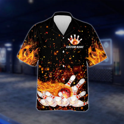 Custom Flaming Ball And Pins Bowling Hawaiian Shirt Mens, Custom Flame Bowling Shirts For Team BZ0139 BOW0290