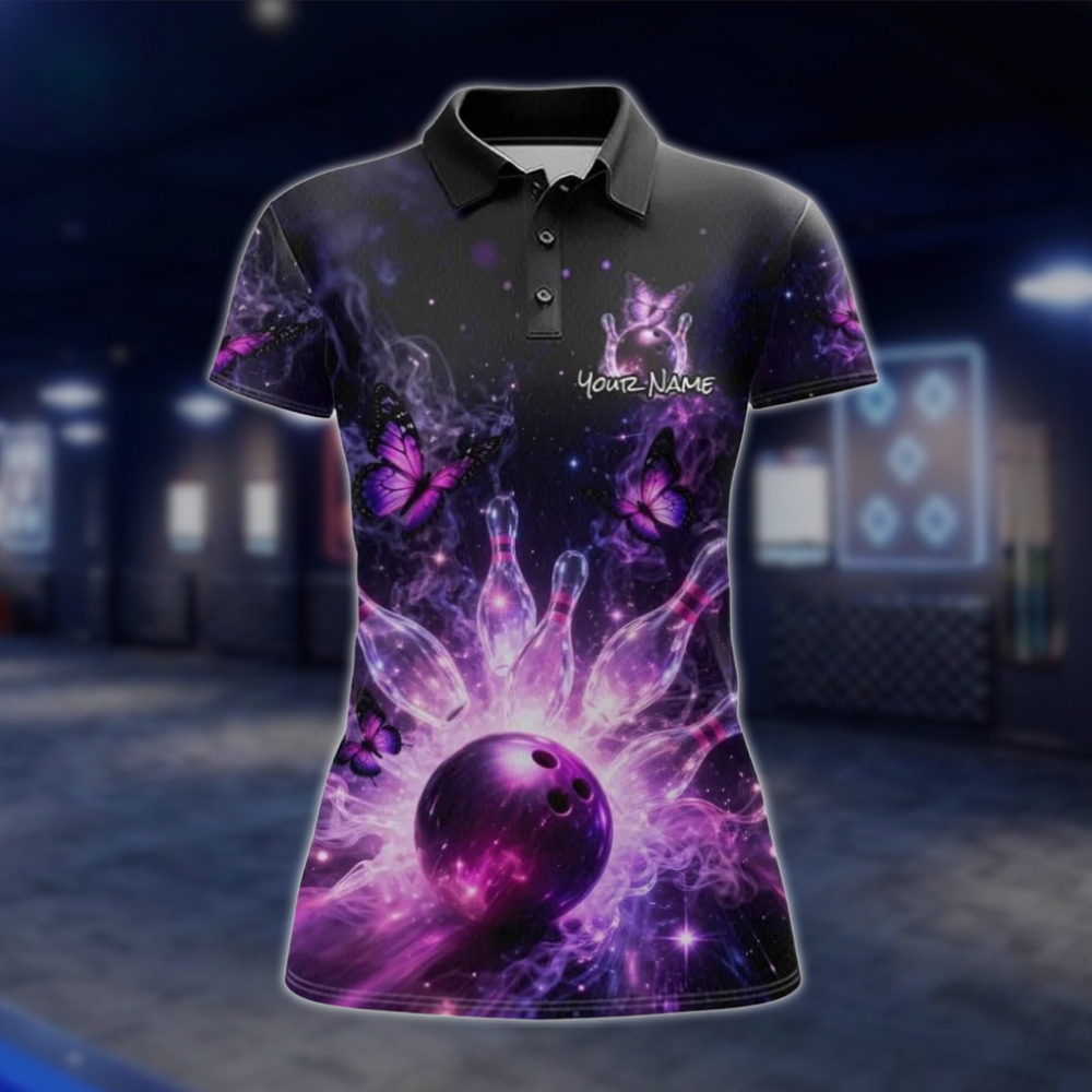 Personalized Butterflies Women's Purple Black Bowling Polo Shirt, Custom Butterfly Bowling Team Shirt Ladies BZ0775 BOW0132