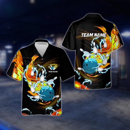 Personalized Flame Ball And Pins Bowling Hawaiian Shirt For Men, Custom Flame Team Bowling Shirt BZ0771 BOW0136