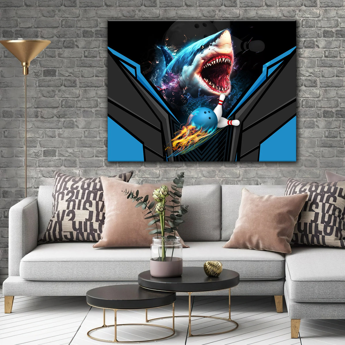 Shark Team Blue Bowling Ball Graphic Printed Canvas Bowl Game Living Room Decor Gift For Bowlers ORN0127