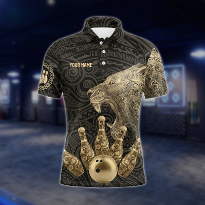 Lion Tribal Custom Black Gold Bowling Mens Polo Shirt, Custom Lion Team Bowling Shirts BZ0491 BOW0285