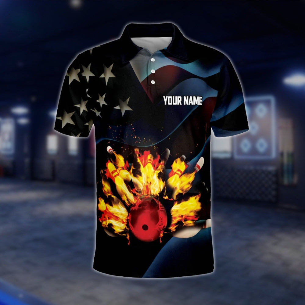 Custom USA Flag Flame Bowling Polo Shirt For Mens, Custom Name Patriotic Bowling Shirts BO0085 BOW0189