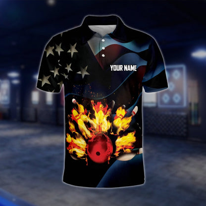 Custom USA Flag Flame Bowling Polo Shirt For Mens, Custom Name Patriotic Bowling Shirts BO0085 BOW0189