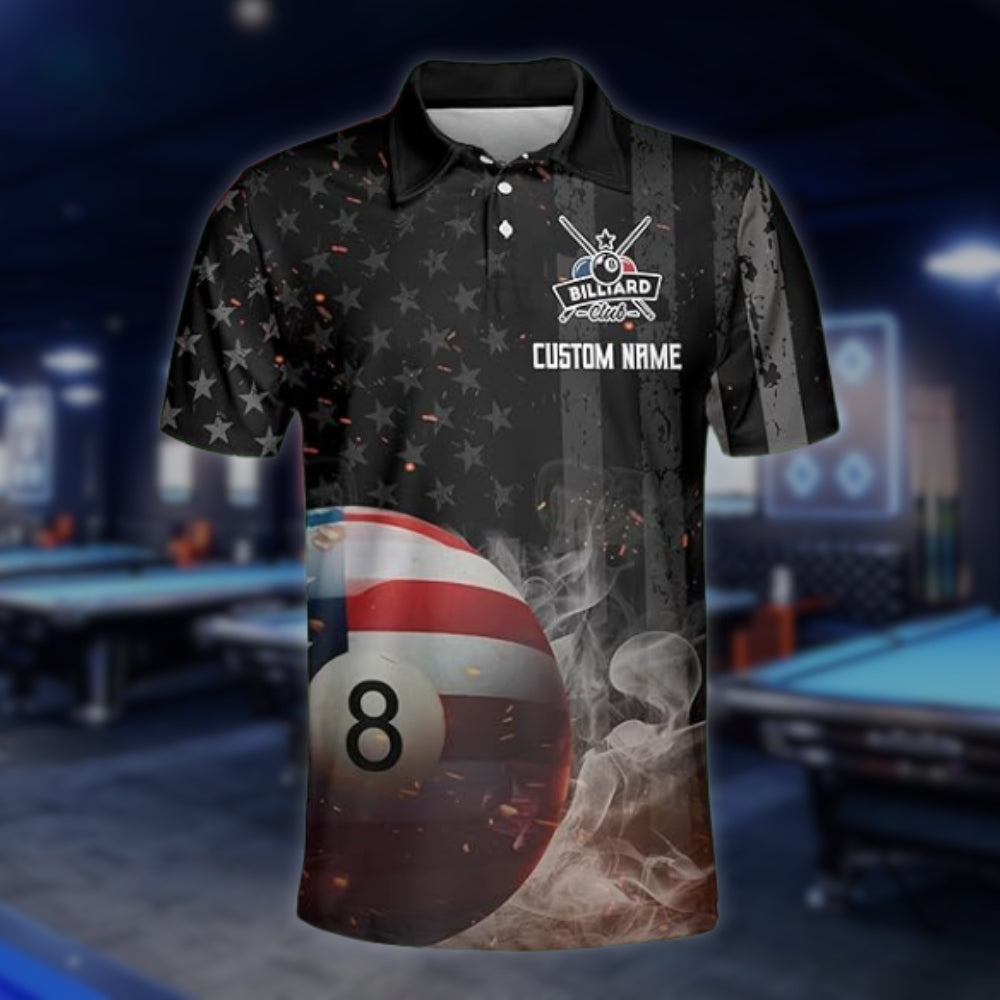 Custom American Eagle Flag 8 Ball Billiard Men's Polo Shirt, Custom Patriotic Billiard Shirts Team BLD0090