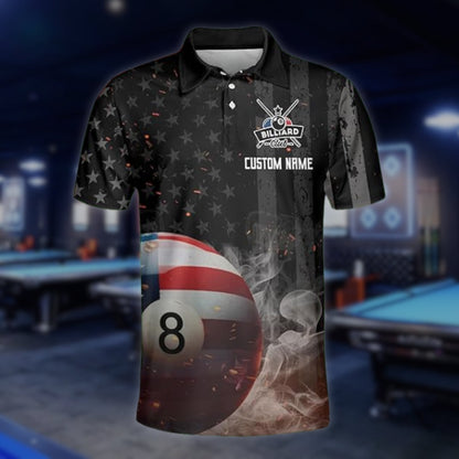 Custom American Eagle Flag 8 Ball Billiard Men's Polo Shirt, Custom Patriotic Billiard Shirts Team BLD0090