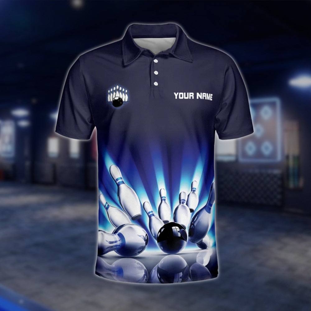 Custom Team Blue Black Mens Bowling Polo Shirt, Custom Bowling Shirts BZ0063 BOW0199