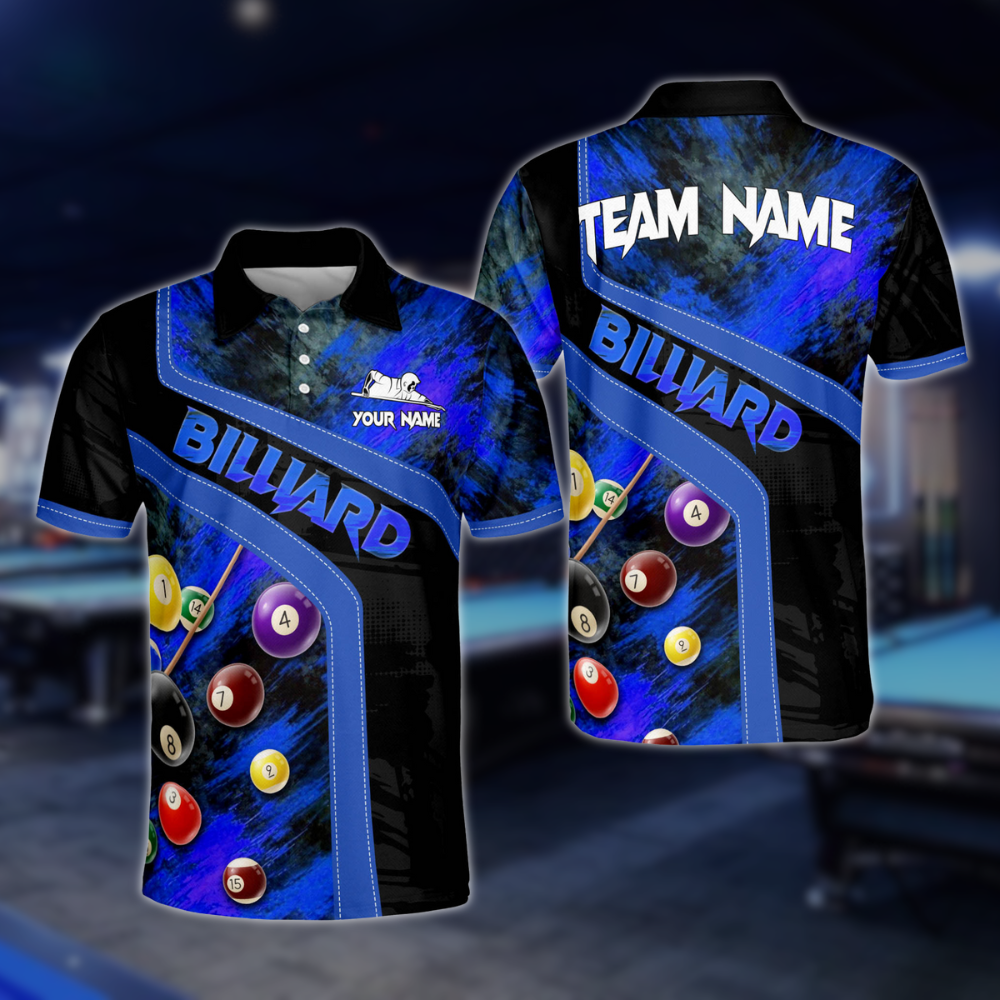 Black And Red Custom Grunge Billiard Men Polo Shirt, Custom Billiard Team Shirts BLD0120