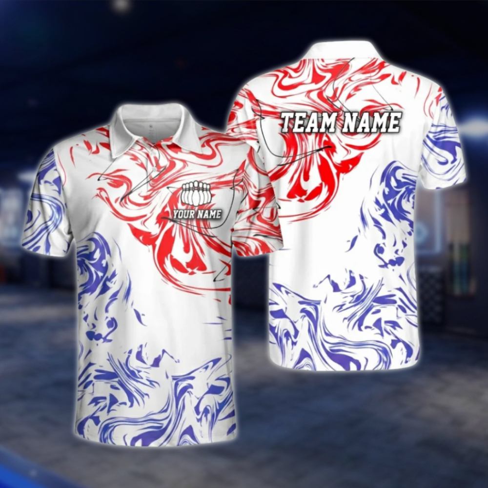 Custom Team Purple White Abstract Bowling Mens Polo Shirt, Custom Bowling Team Shirts BZ0480 BOW0409