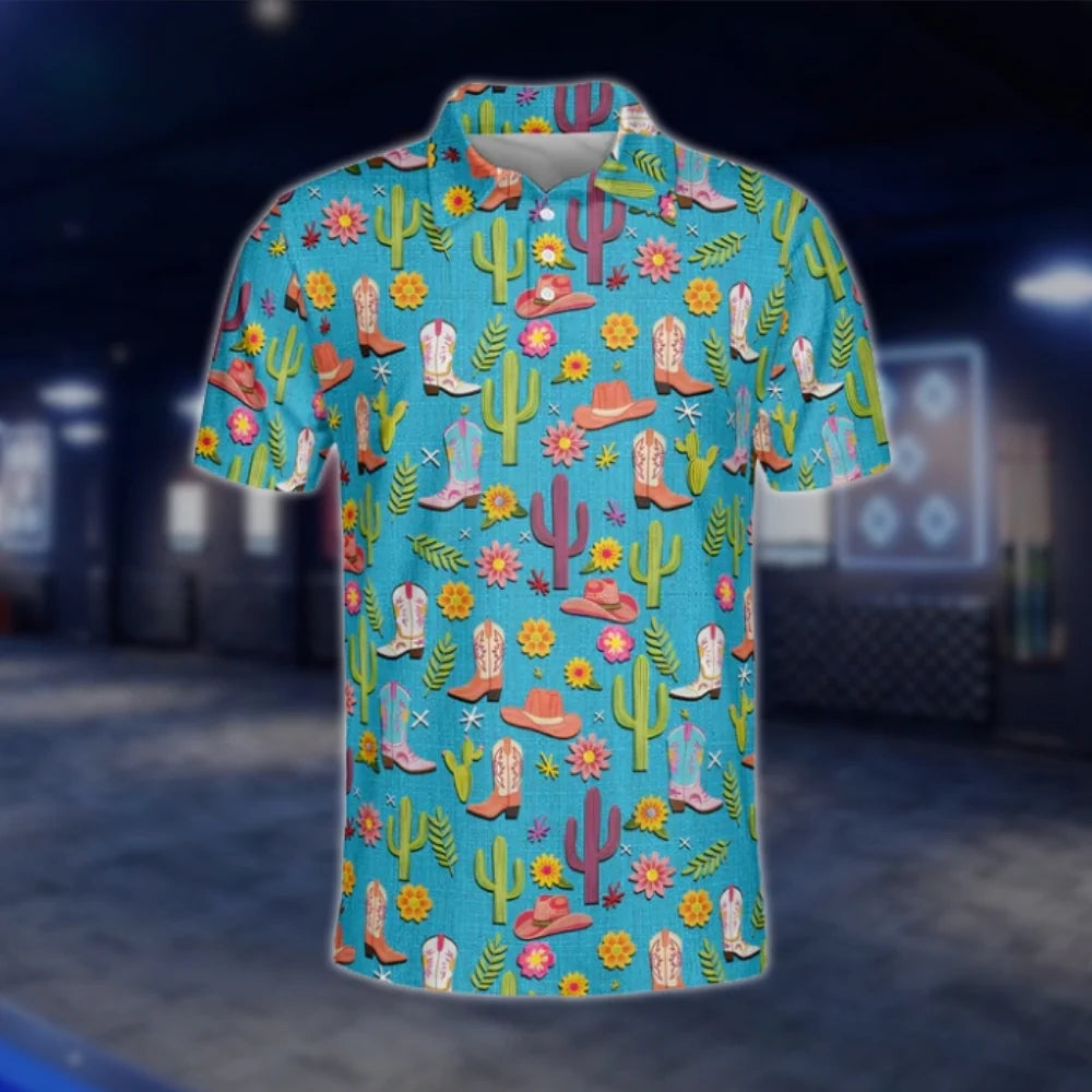 Cowboy Boots Cactus Mens Cyan Golf Polo Shirts, Western Golf Shirts GOF0252