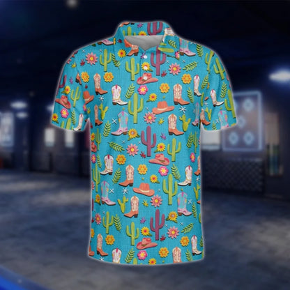 Cowboy Boots Cactus Mens Cyan Golf Polo Shirts, Western Golf Shirts GOF0252