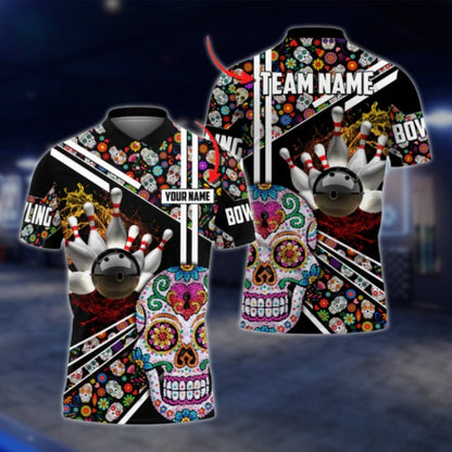 Sugar Skull Custom Mens Bowling Polo Shirt, Custom Skull Day Of The Dead Bowling Team Shirts BO0337 BOW0403