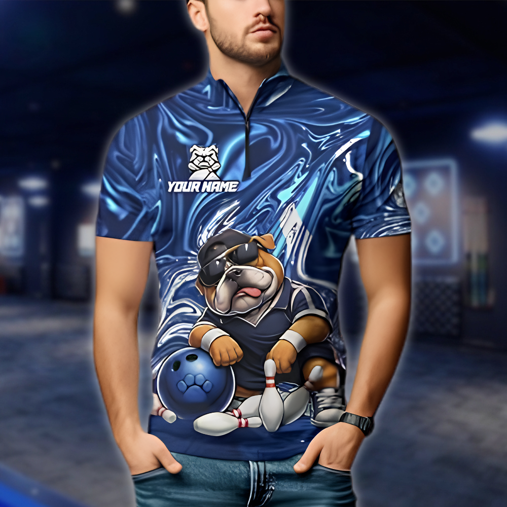 Personalized Bulldog Blue Bowling Jersey For Men, Custom Bulldog Bowling Shirt For Team BZ0884 BOW0059