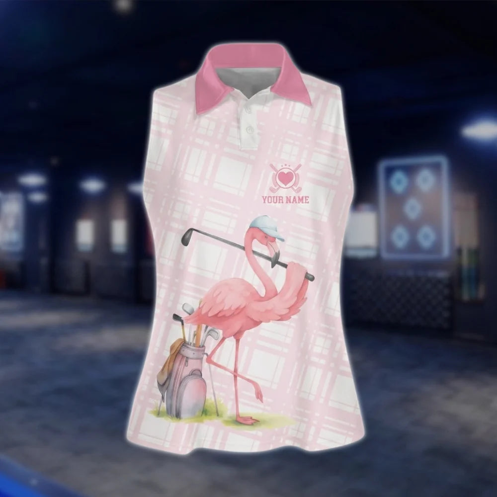 Personalized Flamingo Sleevelss Golf Shirt For Women, Custom Name Flamingo Golf Shirt Ladies GOF0070