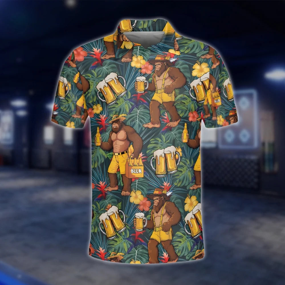 Bigfoot And Beer Tropical Golf Men Polo Shirt, Sasquatch Bigfoot Golf Shirt GOF0124