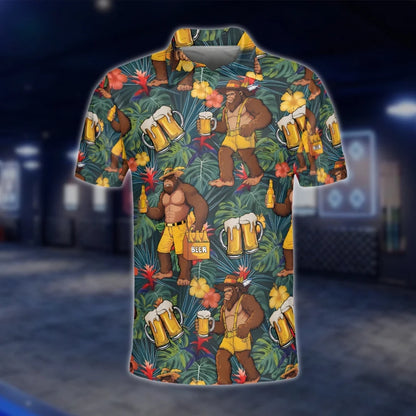 Bigfoot And Beer Tropical Golf Men Polo Shirt, Sasquatch Bigfoot Golf Shirt GOF0124