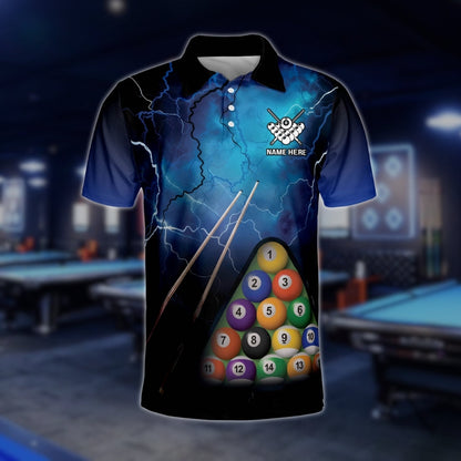 Custom Black Blue Thunder Billiard Men Polo Shirts, Custom Pool Billiard Shirts BLD0284