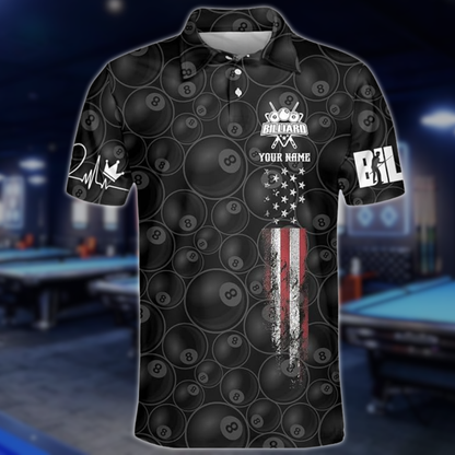 Custom American Flag 8 Ball Black Billiard Men Polo Shirts, Custom Patriotic Pool Billiard Team Shirts BLD0299