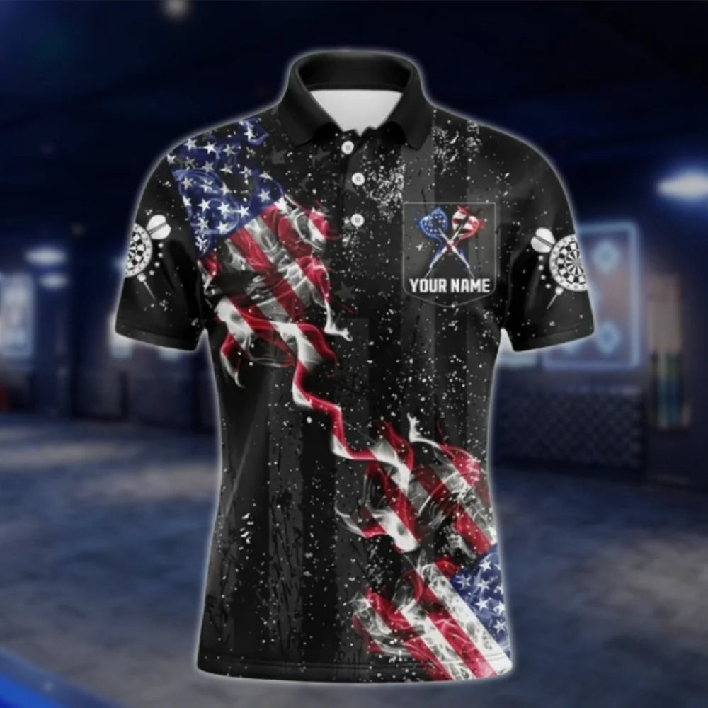 Custom American Flag Smoke Darts Men Polo Shirt, Custom Patriotic Dart Team Shirts DAT0340