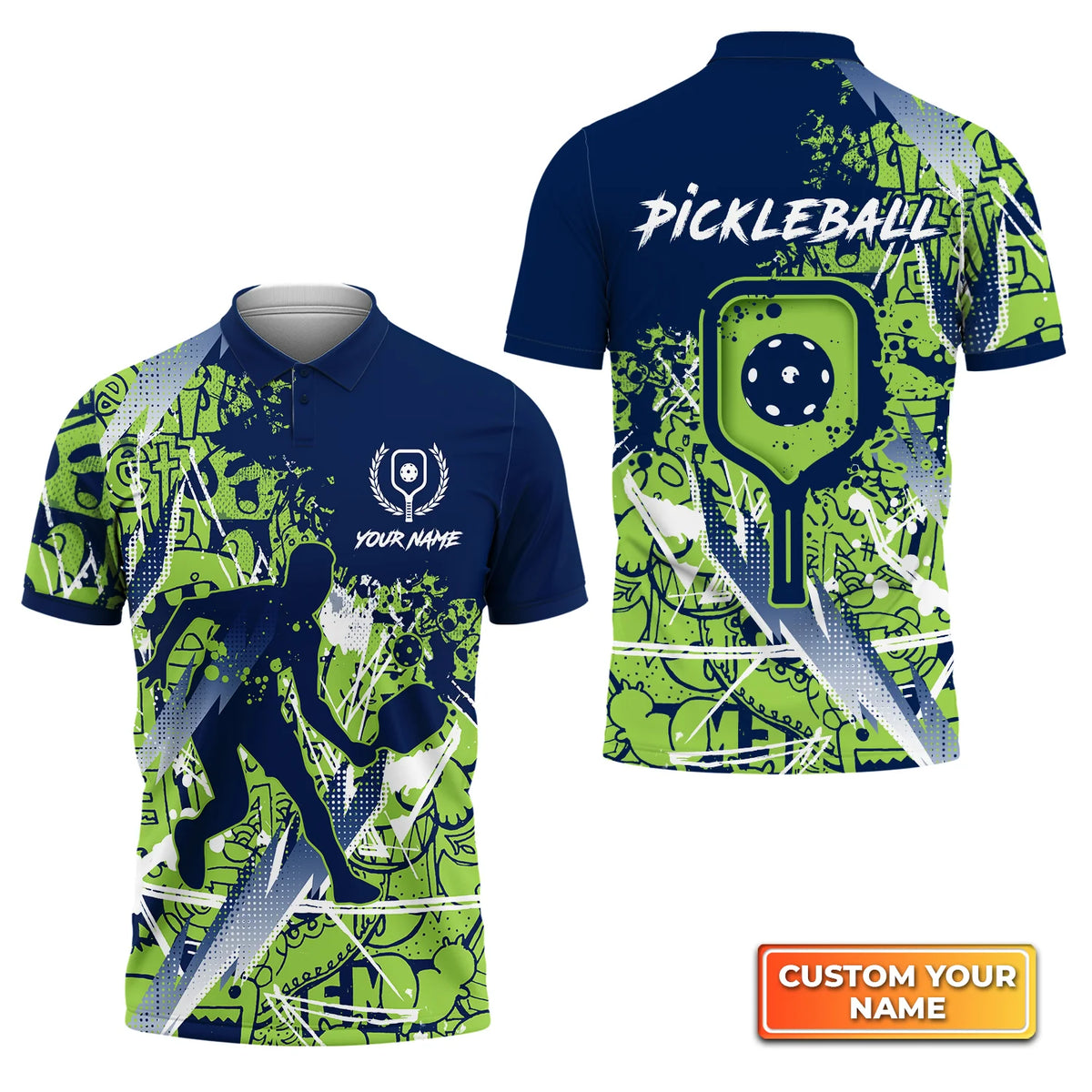 Pickleball - Scritch Man Green Blue Personalized Name 3D Polo Shirt QB95 Gift For Pickleball Player PKL0014