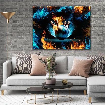 Blue Bowling Ball And Pins On Fire Graphic Printed Canvas Bowl Game Living Room Decor Gift For Bowlers ORN0123
