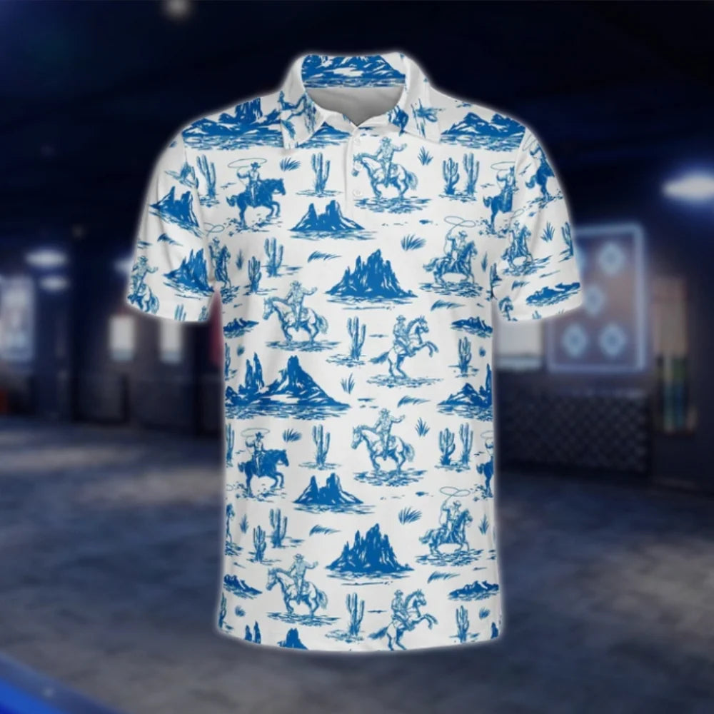 Men's Cowboy White Blue Golf Polo Shirt, Western Golf Shirt GOF0137