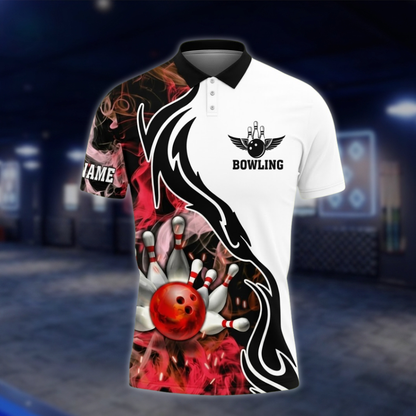Personalized Flame Smoke Ball Bowling Mens Polo Shirt Red White, Custom Flame Bowling Team Shirt BZ0814 BOW0147