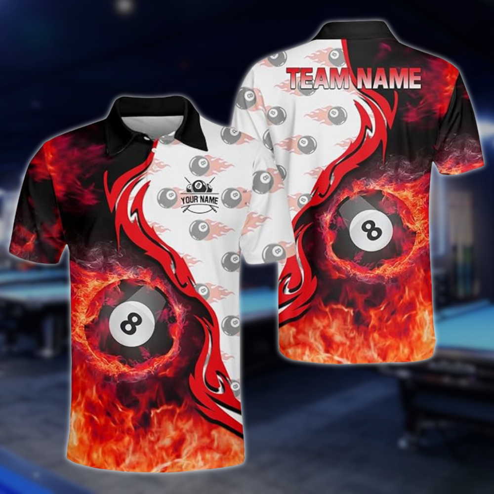 Custom Flame 8 Ball Billiard Men Polo Shirts, Custom Flame Billiard Shirts For Team BLD0253