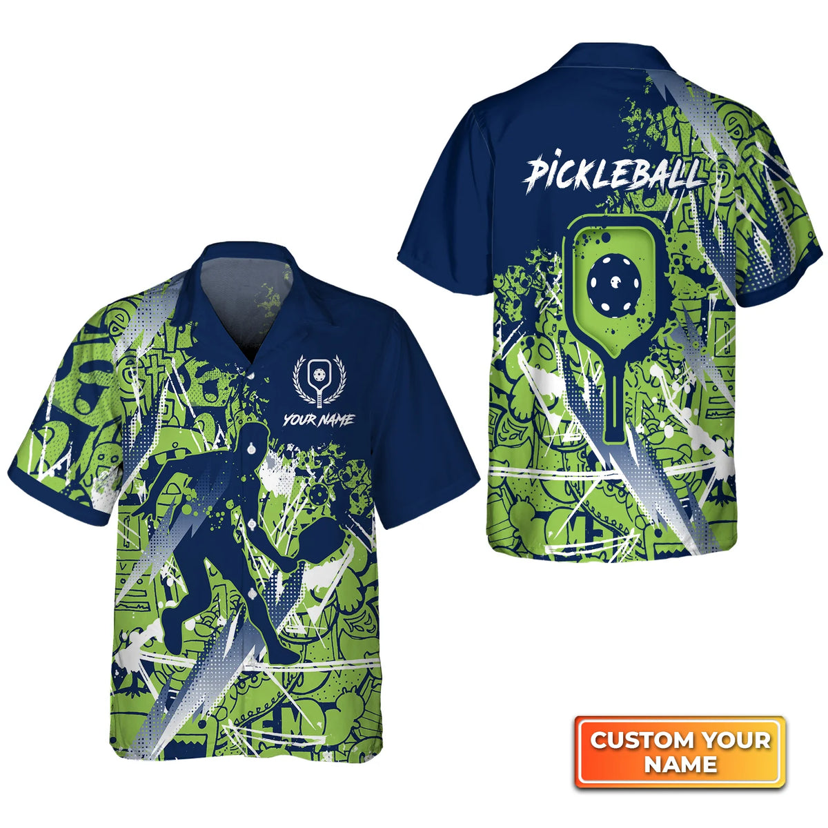 Pickleball - Scritch Man Green Blue Pattern Personalized Name 3D Hawaiian Shirt QB95 Gift For Pickleball Player PKL0144