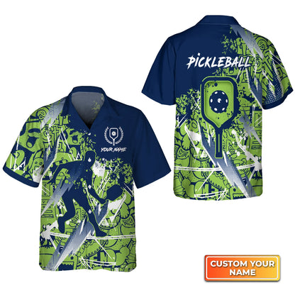 Pickleball - Scritch Man Green Blue Pattern Personalized Name 3D Hawaiian Shirt QB95 Gift For Pickleball Player PKL0144