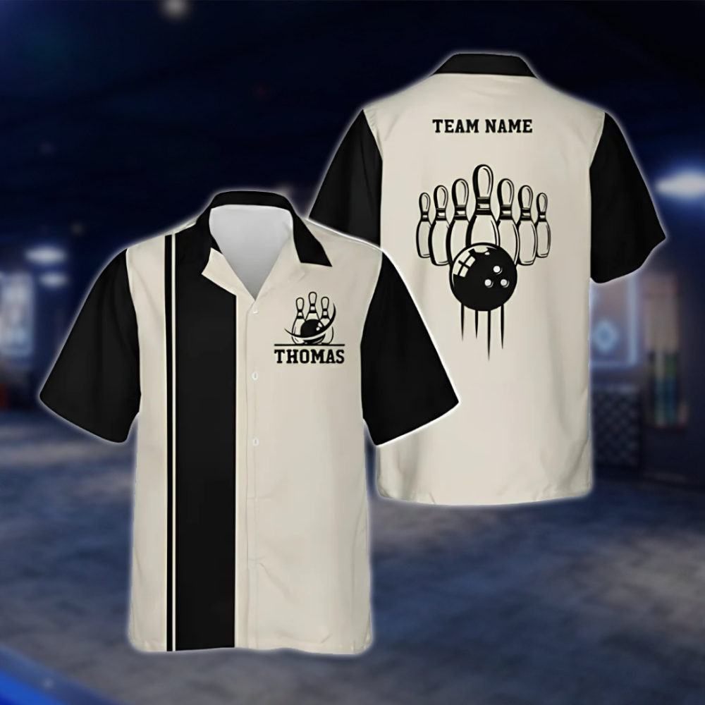 Personalized Vintage Bowling Mens Hawaiian Shirt Black Beige, Custom Vintage Bowling Shirt BZ0789 BOW0137