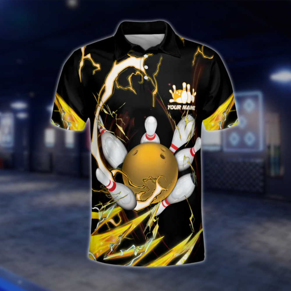 Custom Thunder Black Yellow Mens Bowling Polo Shirts, Custom Team Bowling Shirts BE0042 BOW0297
