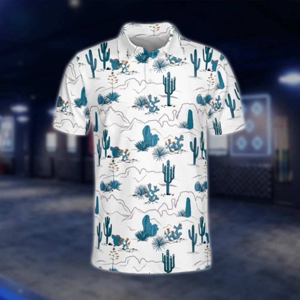 Cactus Western Men's Blue White Golf Polo Shirt, Western Golf Shirts GOF0160