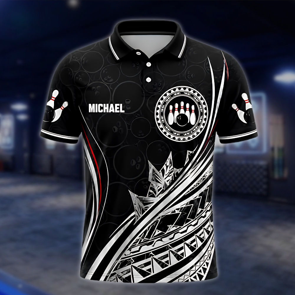 Personalized Tribal Bowling Mens Polo Shirt Black Red White, Custom Tribal Bowling Shirt Team BZ0870 BOW0076