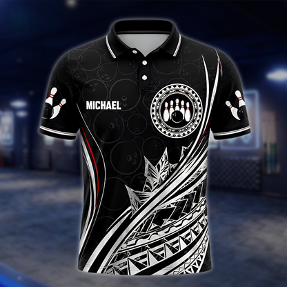 Personalized Tribal Bowling Mens Polo Shirt Black Red White, Custom Tribal Bowling Shirt Team BZ0870 BOW0076