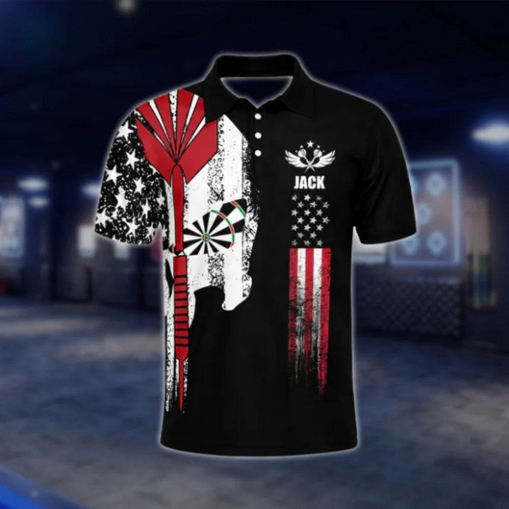 Custom Skull American Flag Men's Dart Polo Shirt, Custom Skull Dart Shirts DAT0264