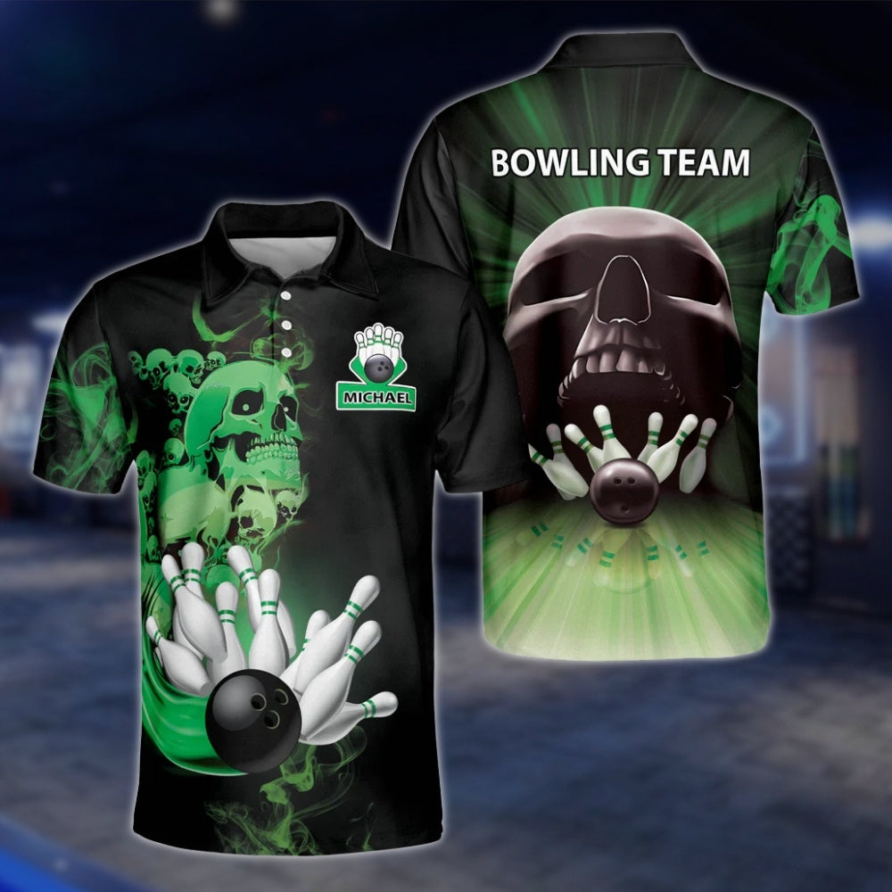 Custom Skeleton Fire Mens Bowling Polo Shirt, Custom Skull Bowling Team Shirts BZ0189 BOW0488