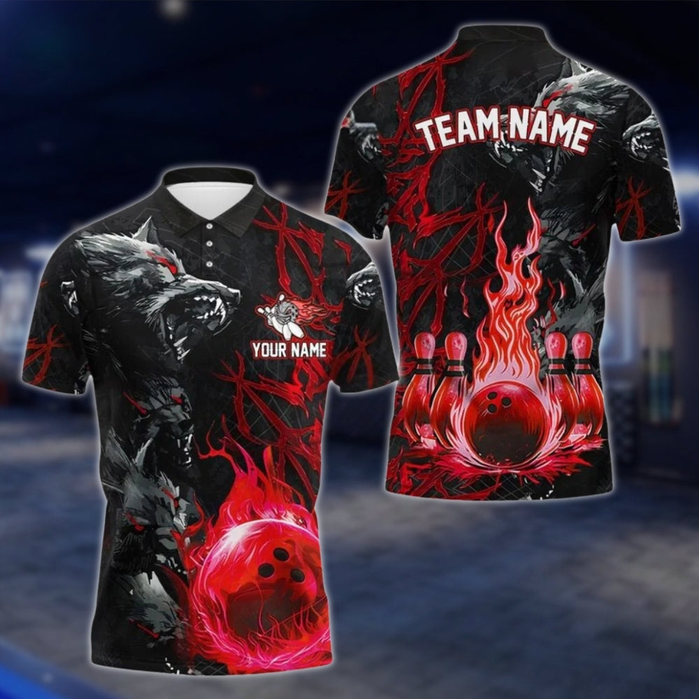 Custom Wolf Flame Ball Bowling Mens Polo Shirt, Custom Wolf Bowling Team Shirts BE0105 BOW0266