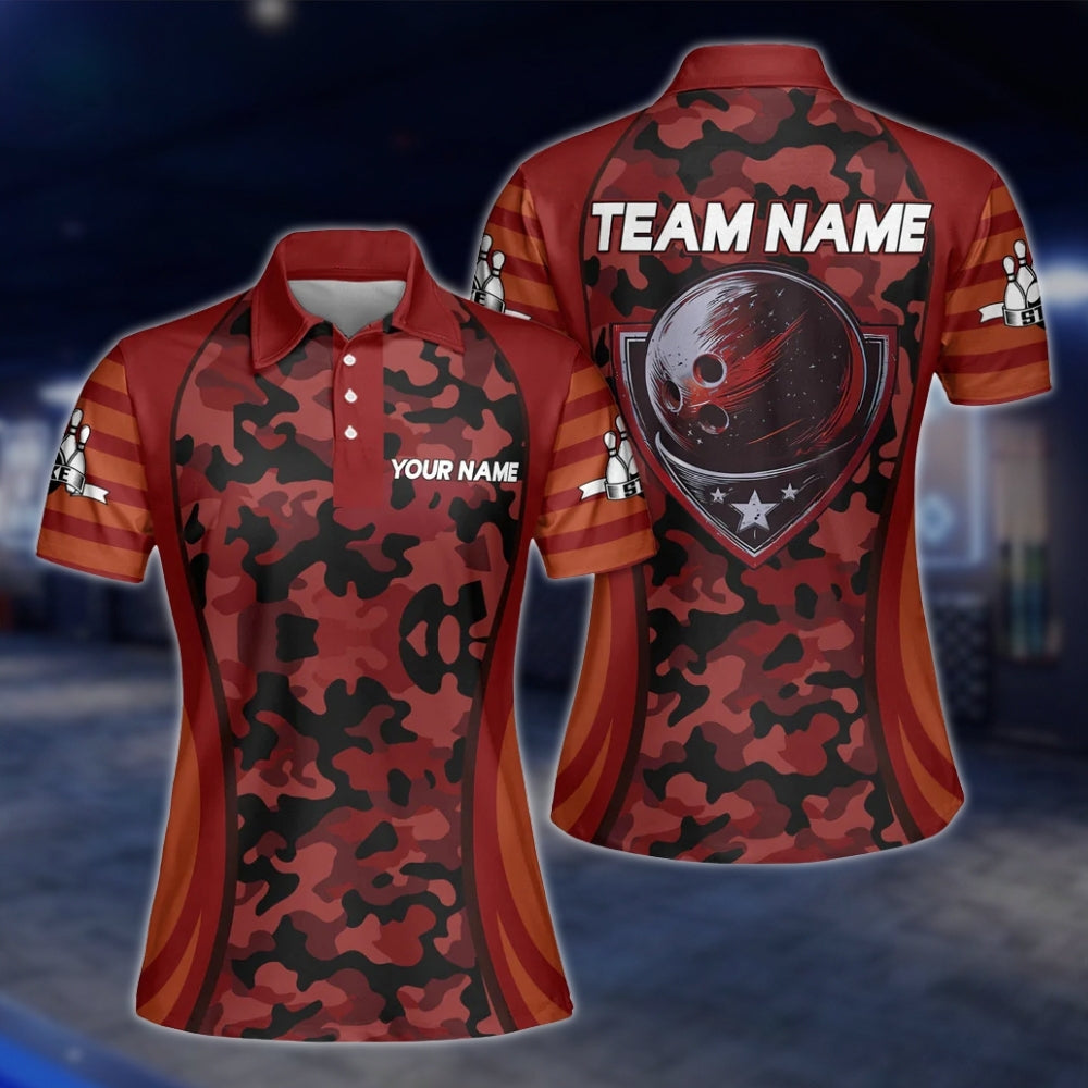 Women's Custom Green Camo Bowling Polo Shirts, Custom Camouflage Bowling Team Shirts For Ladies BZ0193 BOW0218