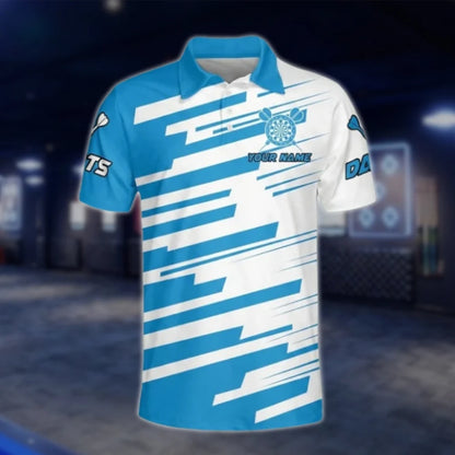 Born To Play Darts Forced To Work Custom Name Blue White Dart Polo Shirt For Men, Custom Funny Dart Shirt DAT0436